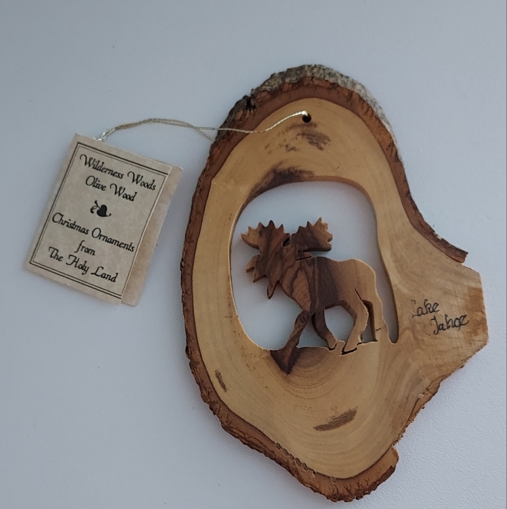 Wilderness Woods Lake Tahoe Moose  Olive Wood Ornament Holy Land Rustic Cottage